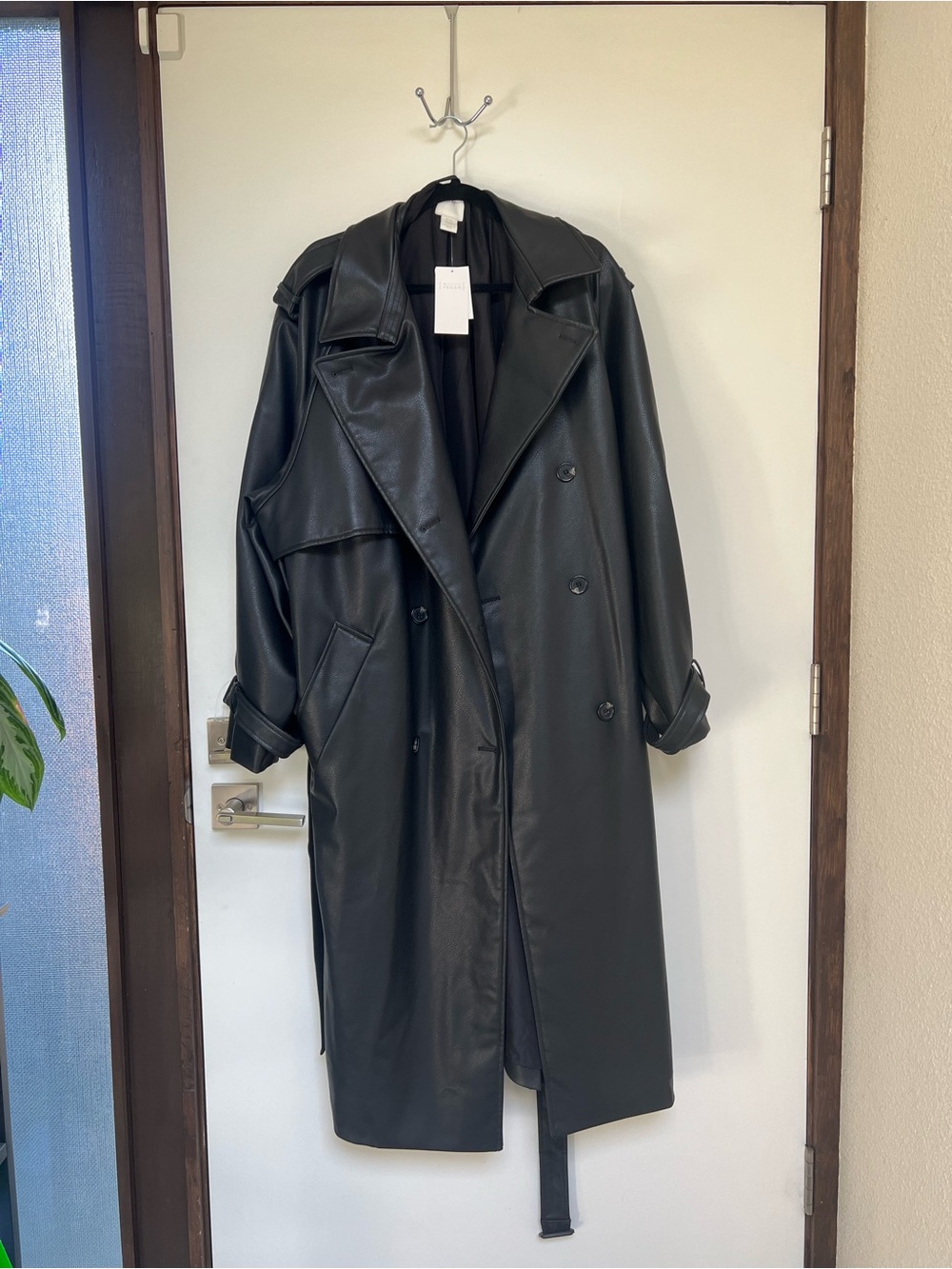 H&M Black Faux Leather Double-Breasted Trench Coat